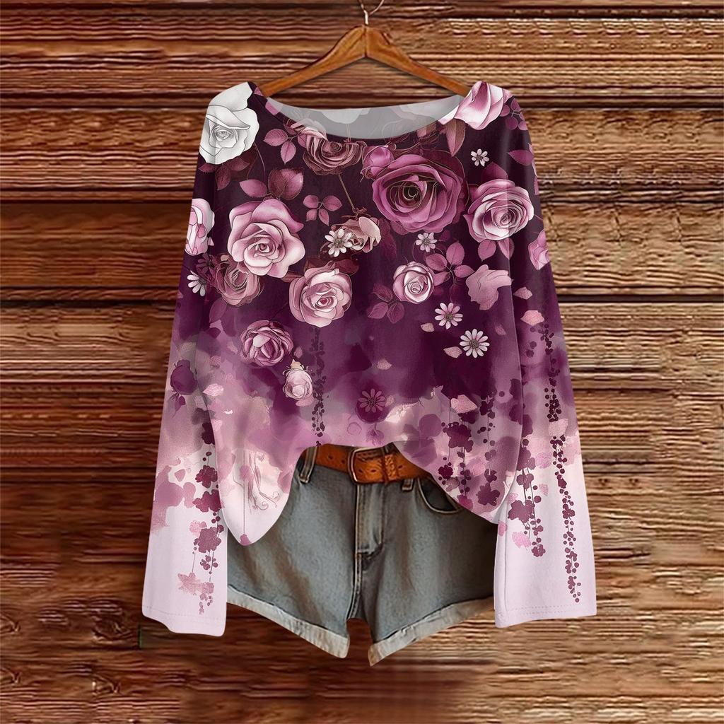 Long Sleeve Shirts For Women Print Graphic Tees Blouses Casual Plus Size Basic Tops Pullover