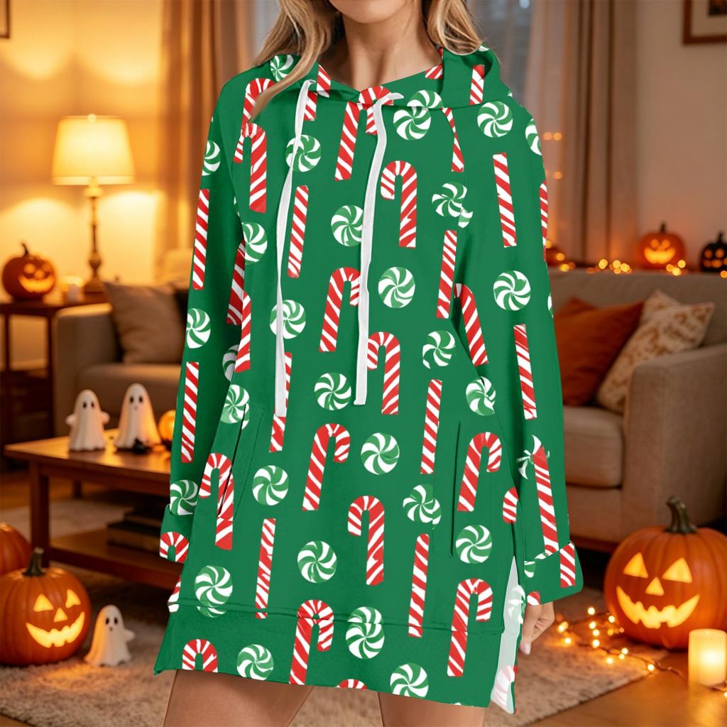 Women's Christmas Print Long Sleeve Hooded Sweatshirt with Festive Holiday Design