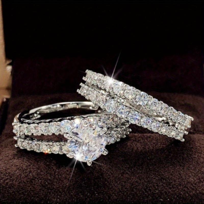2item/A set of silver-plated rings inlaid with sparkling synthetic zirconium stones for engagement/Wedding ring, evening party decoration, luxurious