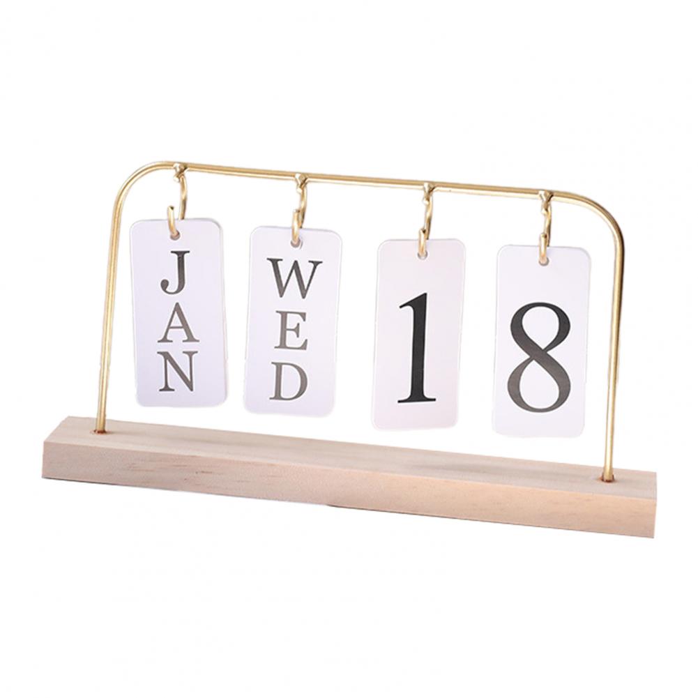 

Металлический перекидной календарь с деревянной подставкой Ежедневный вечный настольный календарь Перекидной месяц Дата Отображение Стоящий настольный планер золотистый