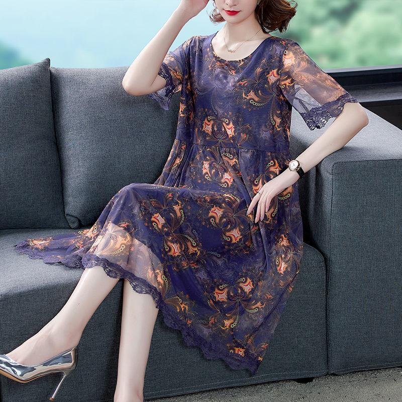 Chiffon Dress Mid-length Plus Size Printed Floral Over-the-knee Dress O-Neck Short Sleeve Loose