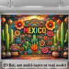 2D planar Mexican-style background fabric with colorful arches, cacti, skull decorations, lanterns and colorful flowers