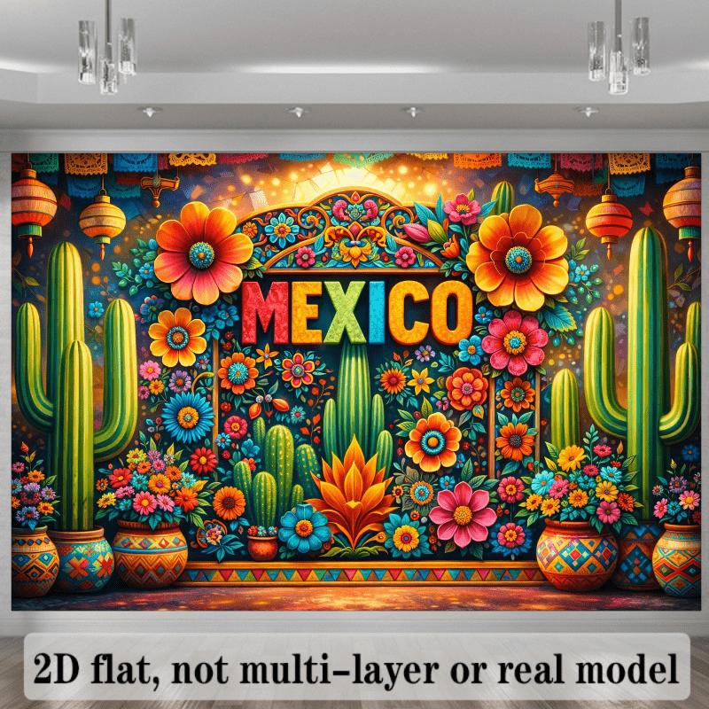 2D planar Mexican-style background fabric with colorful arches, cacti, skull decorations, lanterns and colorful flowers