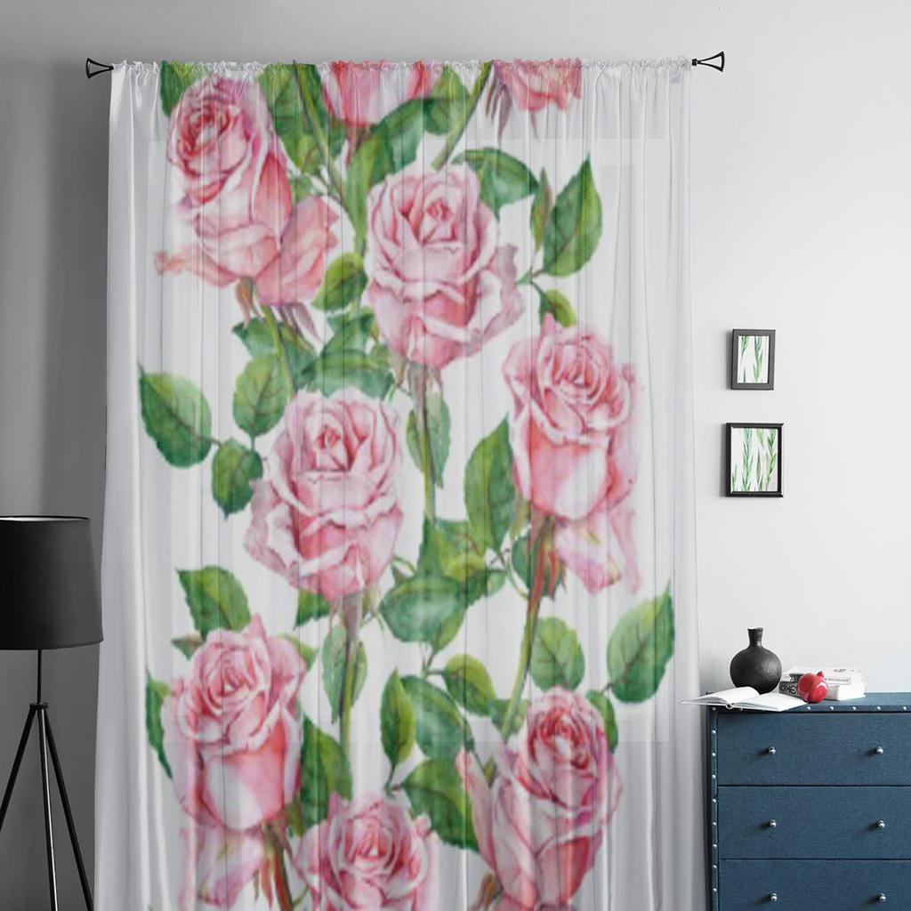 Pink Rose Flowers Tulle Curtains for Living Room Bedroom Window Sheer Curtains Kitchen Balcony Voile Curtains