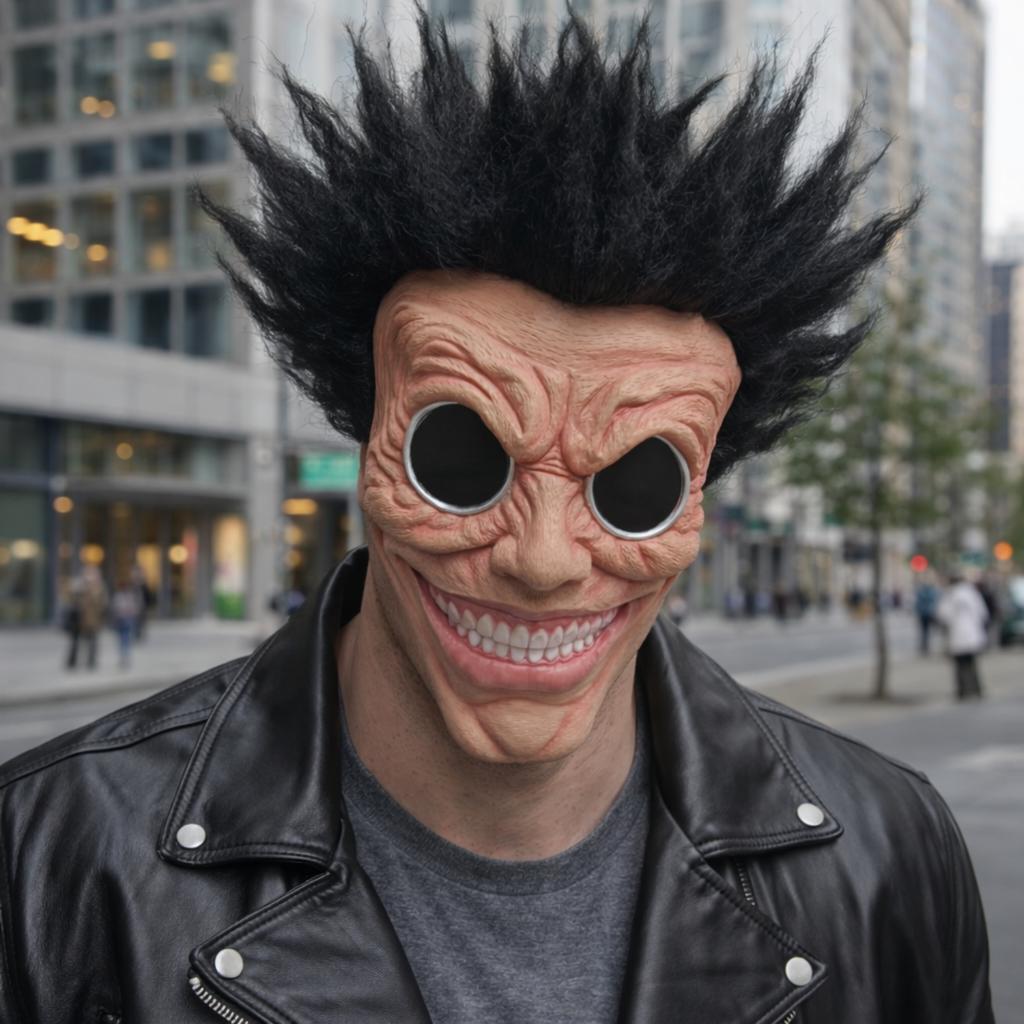 Realistic Creepy Latex Mask with Wild Black Spiky Wig Full Face Horror Mask for Halloween Party Costume Props