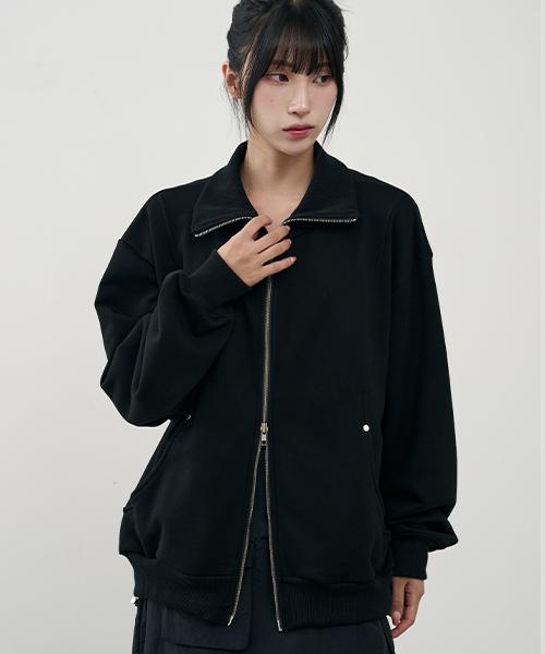 Arrayed Comfy Rivet High Neck Sweat Zip-Up [Brown]