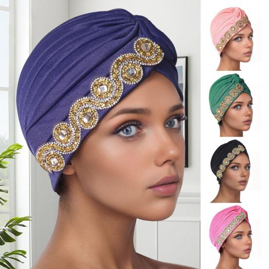 Women Headscarf Elastic Head Circumference Twisted Design Turban Hat with Rhinestones Decor Hair Accessories