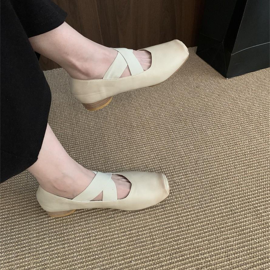 Leather Mary Jane women's 2025 new cross-band pleated square head retro thick heel ballet shoes outer single shoes