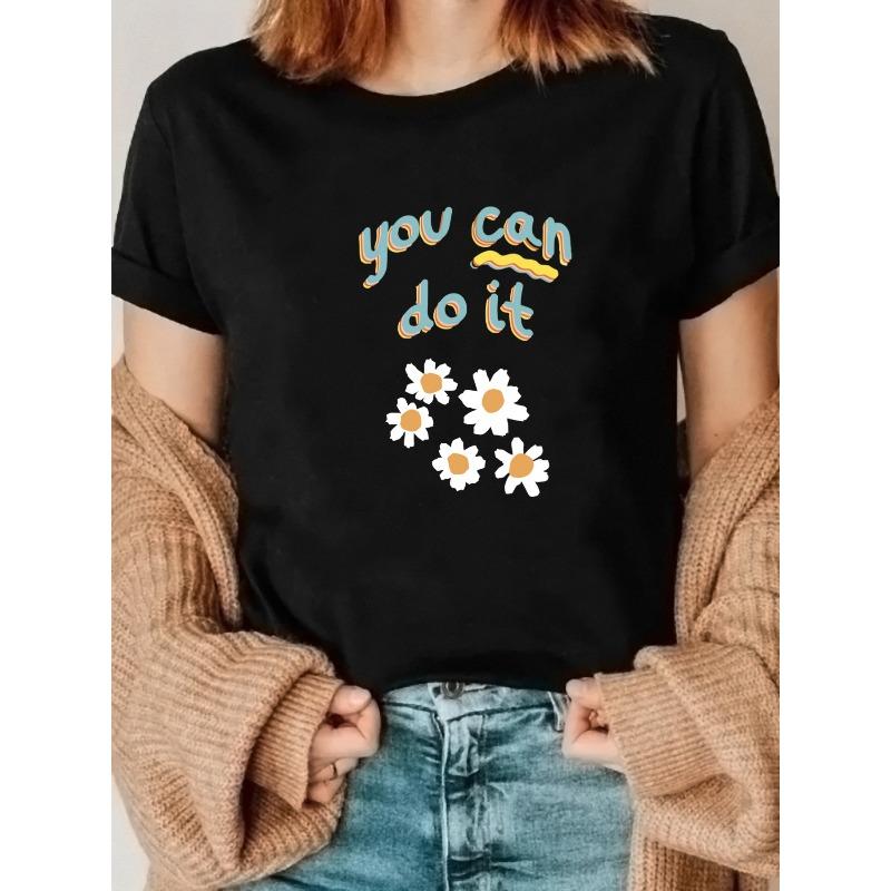 

A New Spring and Summer Pullover T-Shirt for Women, Featuring A Round Neck in Vibrant Pink, with The Phrase You Can Do It and A Daisy Pattern. 4XL чорний