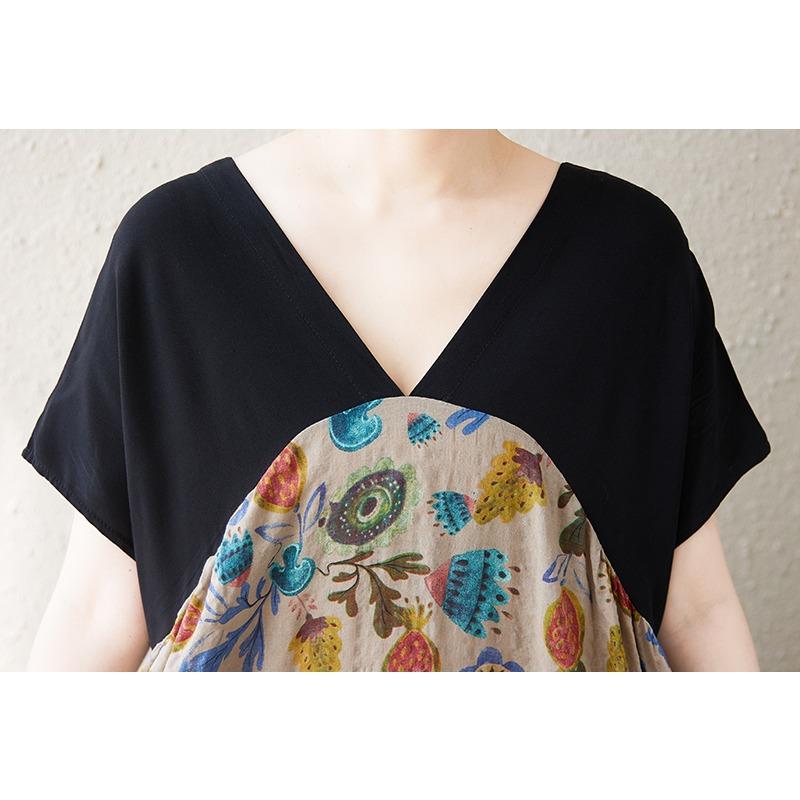 Dimanaf New 2025 Plus Size Summer Dress Women V-Neck Vintage Printing Casual Loose Short Sleeve Dress Maxi