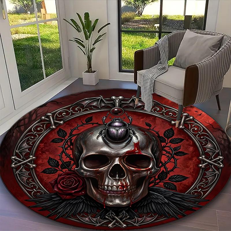 1pc Round Rug Appropriate for Office, Gothic Owl Blood Skull Carpet, Versatile Printed Chair Rug, Durable Home Sofa Carpet