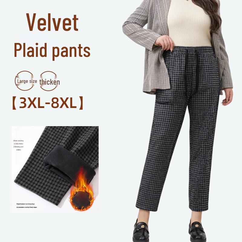 Plus Size Retro Wool Plaid Velvet-Lined High-Waisted Harem Pants - Winter Edition 4XL (125-145 lbs)