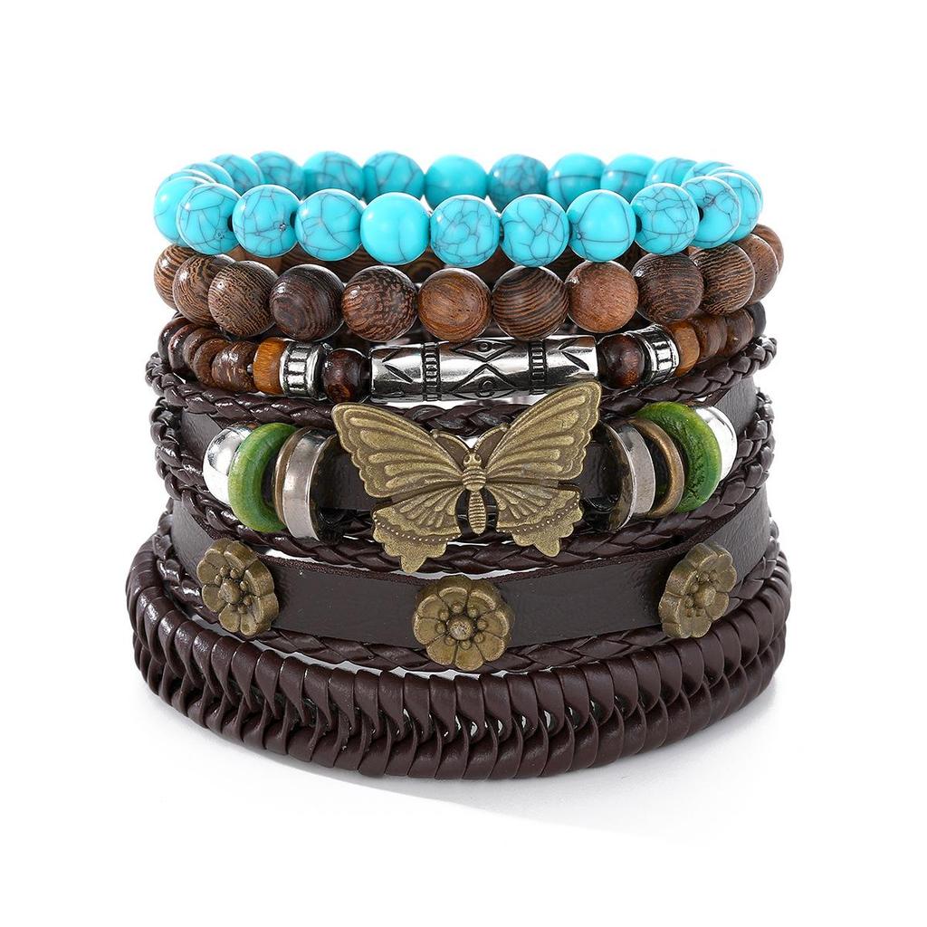 Boho Multi-Layer Kokosnussschale & Perlen Schmetterling Leder Armband Set für Männer