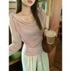Apricot Sexy Swing Collar Off-Shoulder One-Shoulder Long-Sleeve T-Shirt Women's Early Autumn Style Pleated Bow Tie Waist Inner Top