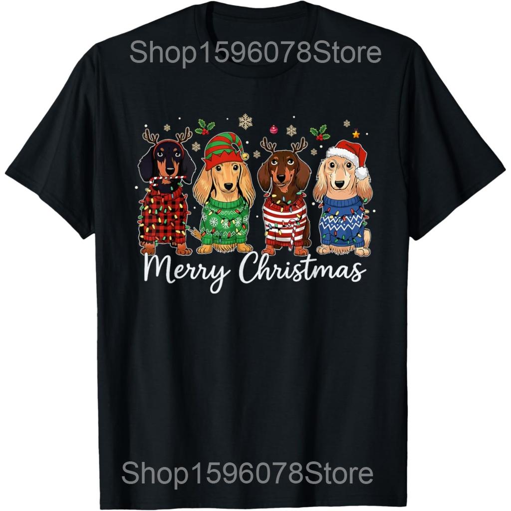 Funny Dachshund Dog Christmas Lights Xmas Pet Dog T Shirts Men Humor Streetwear Tee Shirt Short Sleeve Unisex Loose Clothing