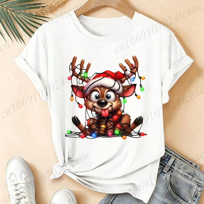 Women Cute Reindeer Christmas Lights Graphic T‑Shirt Funny Santa Hat Deer Printed Short Sleeve Tops Xmas Holiday Casual Tees