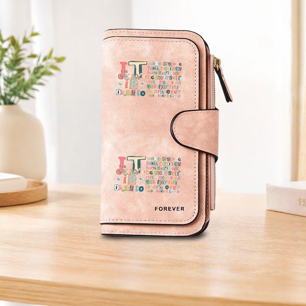 Inspirational English print long zipper wallet large capacity card holder unisex clutch bag stylish zippered coin purse perfect for daily commute