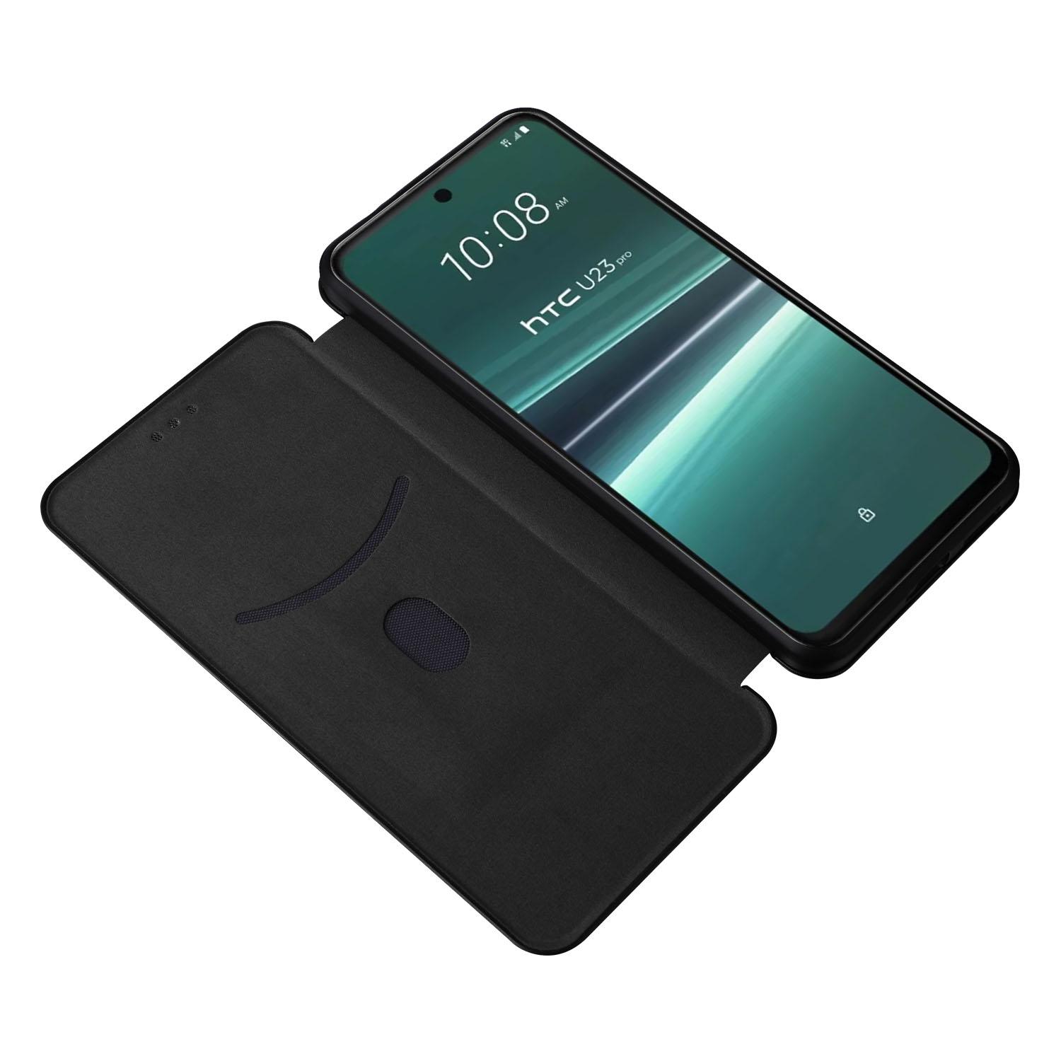 

For HTC U23 Pro 5G Phone Stand Case Carbon Fiber Texture Leather Cover with Card Slot Black
