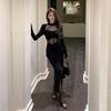 Black mesh splicing hollow long-sleeved dress women's autumn new Spice Girl sexy tight and thin hip skirt
