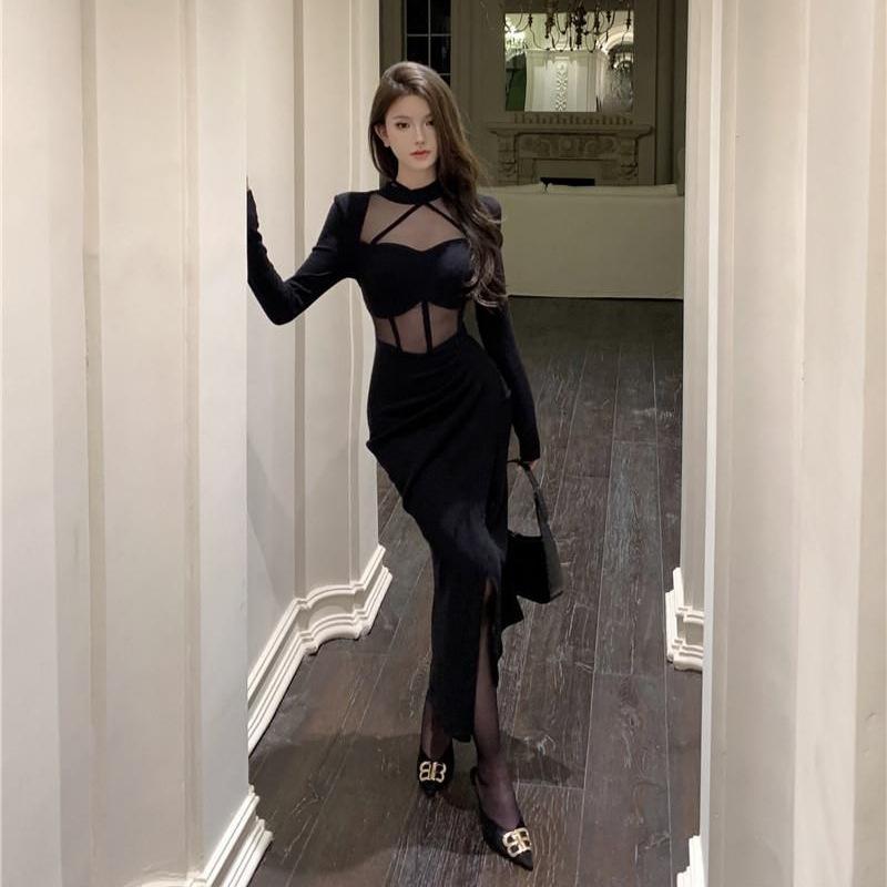 Black mesh splicing hollow long-sleeved dress women's autumn new Spice Girl sexy tight and thin hip skirt