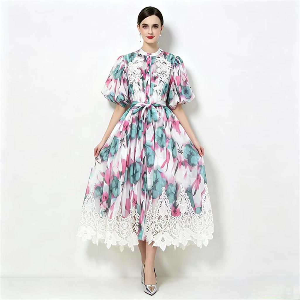 Summer Holiday Gorgeous Flower Embroidery Prom Dress for Women's Stand Lantern Sleeve Belt Lace Trims Single Breasted Long Robes
