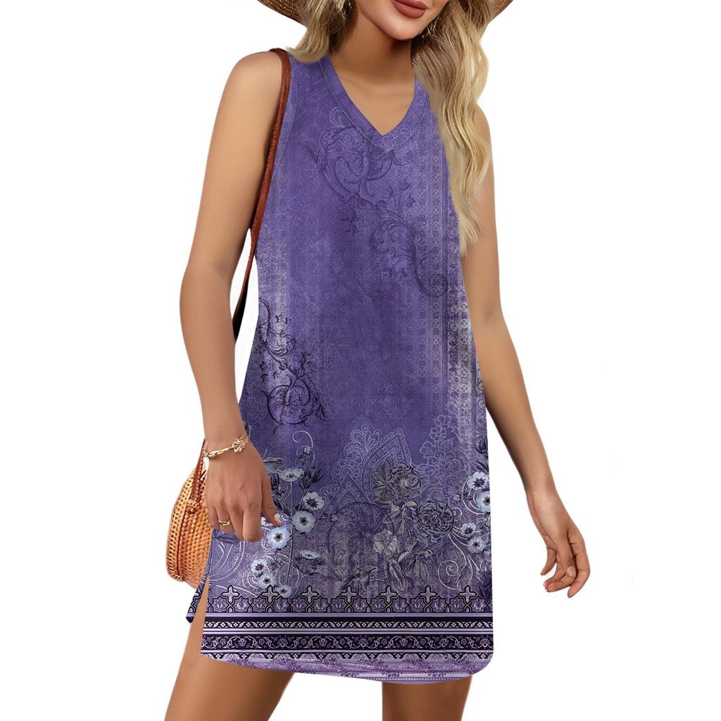 Damen V-Ausschnitt Sommer Casual Strandurlaub Damen Ärmelloses Sommerkleid mit Blumendruck