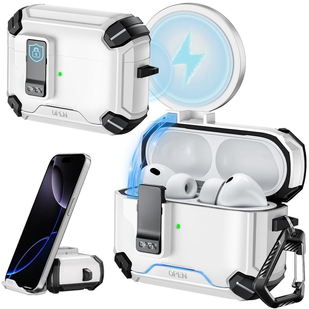 Transparente Hülle für AirPods Pro 3 Hülle mit Handyhalterung und Sicherheitsverschluss Automatisches Aufklappdeckeldesign mit Reinigungsstiftabdeckung für AirPods Pro 3