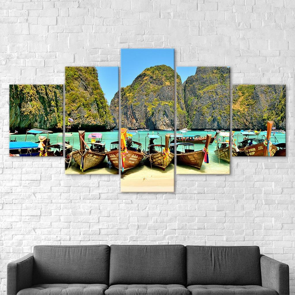 Thailand Beach Island Boat Tours Scenery 5 Piece Five Panel Wall Canvas Print Modern Art Poster Home Decor Gift For Him For Her