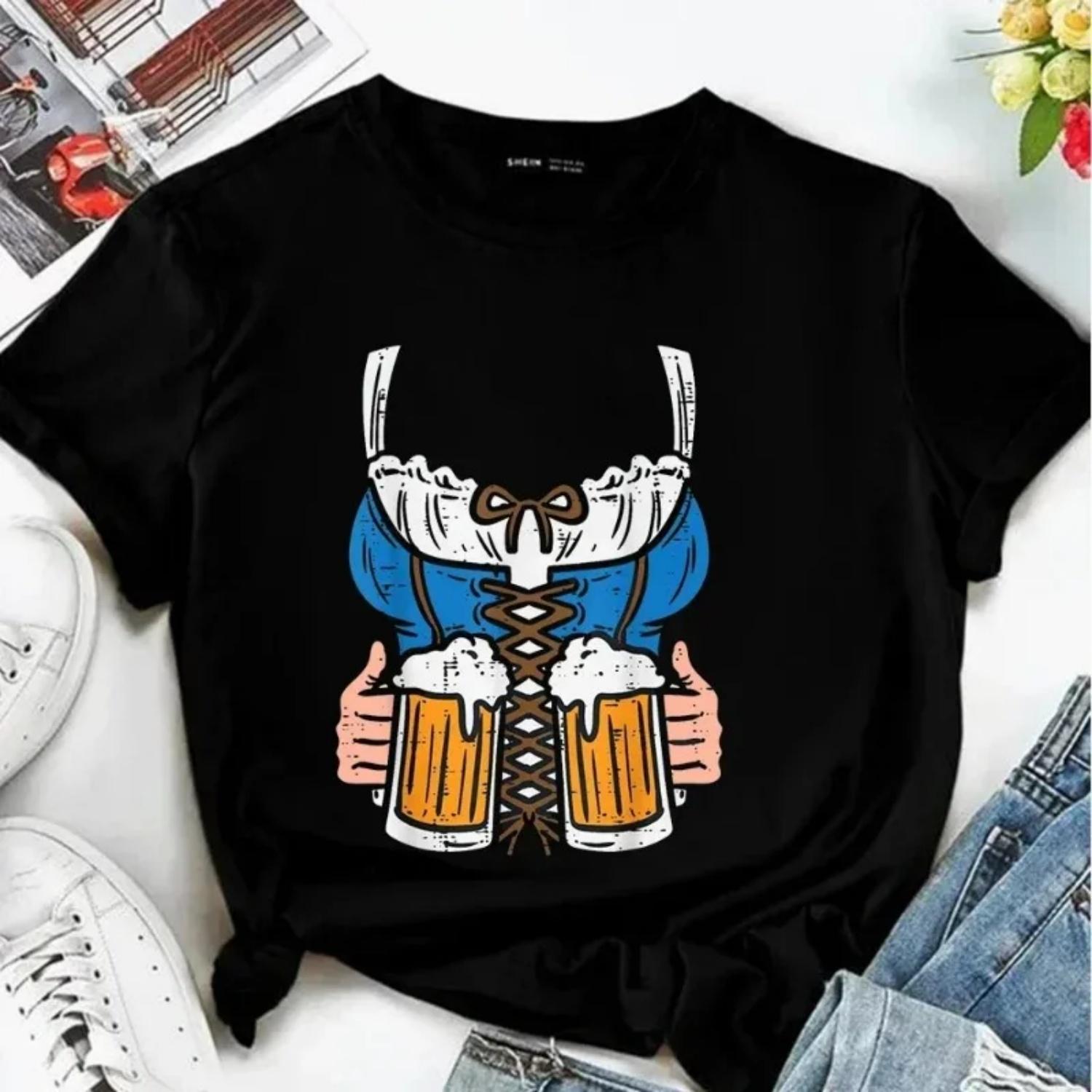 Summer Harajuku Craft Brewing Beer Enthusiast Printed Women s Cotton T-shirt Beer Fun Fashion Loose Beer Festival Printed Tshirt S чёрный