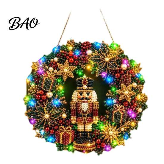 Seasonal Holiday Crafting Set Christmas Diamond Painting Wreath Kit with LED String Lights, Snowman Pearl Art Shiny Acrylic Craft for Adults,