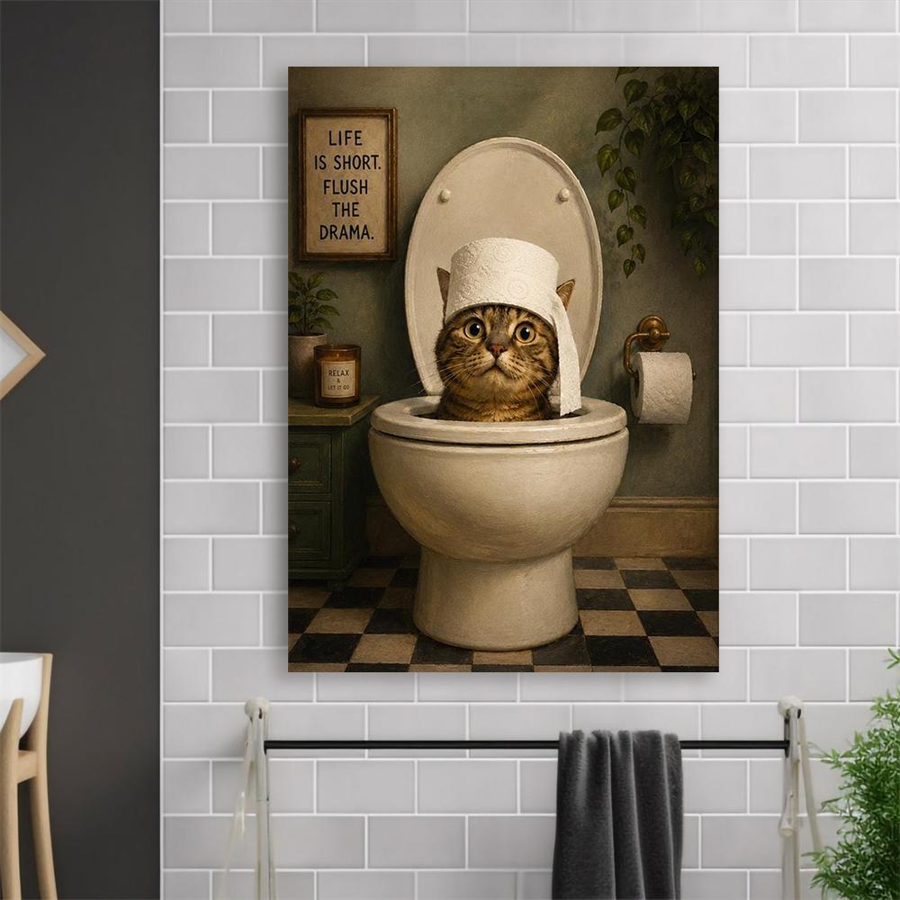 Funny Cat Toilet Art Prints Vintage Bathroom Poster Decor Humorous Wall Print Canvas Painting Toilet Decor
