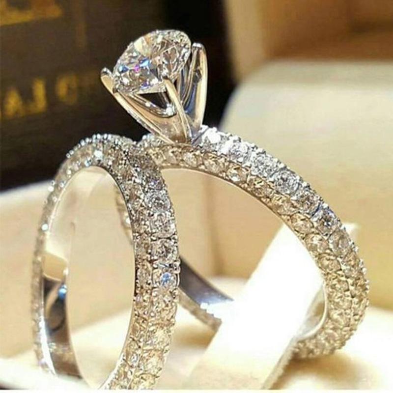 Full Diamond Round Simulation Diamond Set Ring Girl, Engagement Ring, Wedding Memorial Ring