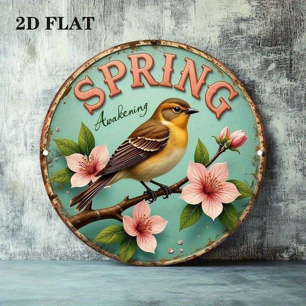 Vintage Sakura Metal Wall Art Round Sign Decor for Cafe