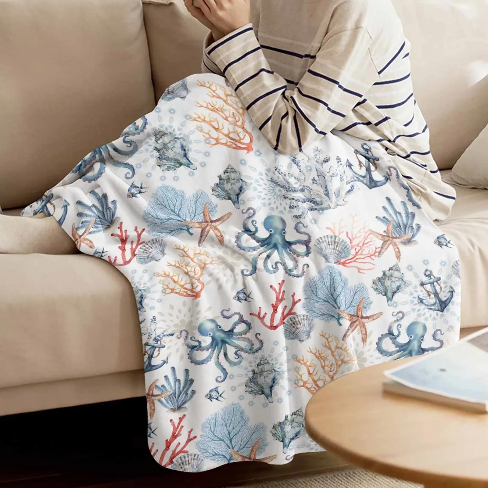 Tinika Chen Unisex Coral Marine Shells Starfish Conch Octopus Blankets Portable Soft Throw Blanket For Bed Office Bedspread Flannel Blanket
