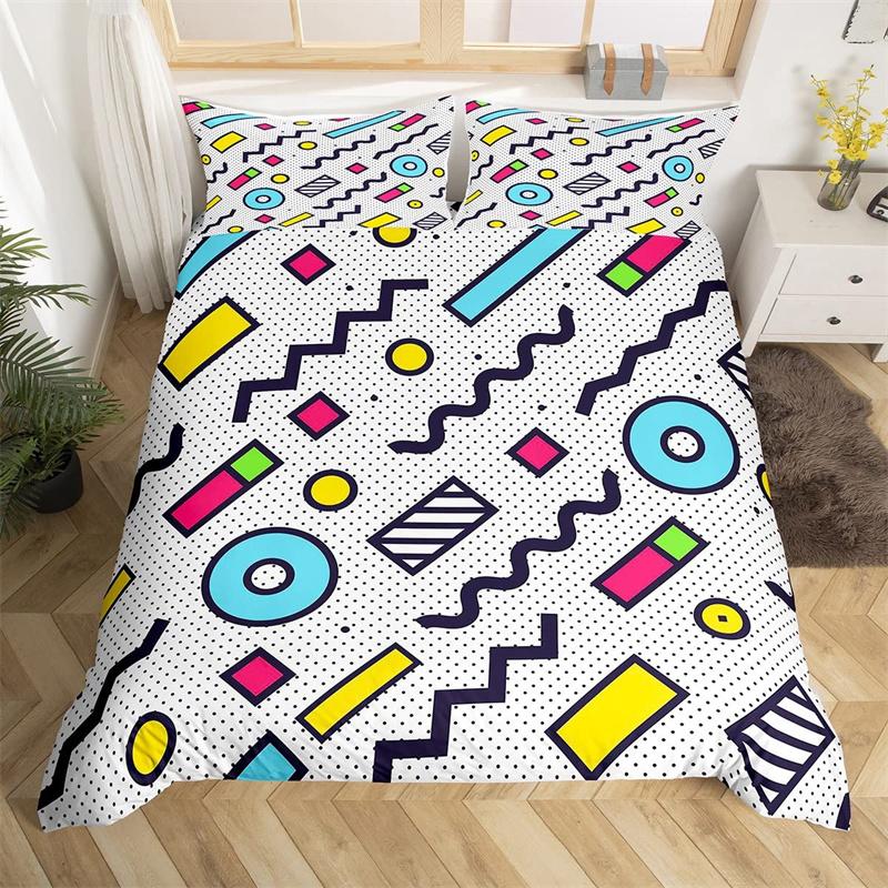 Retro 80s Style Bedding Set Twin King Size Abstract Geometric Pattern Duvet Cover Set Microfiber Circle And Triangle Quilt Cover