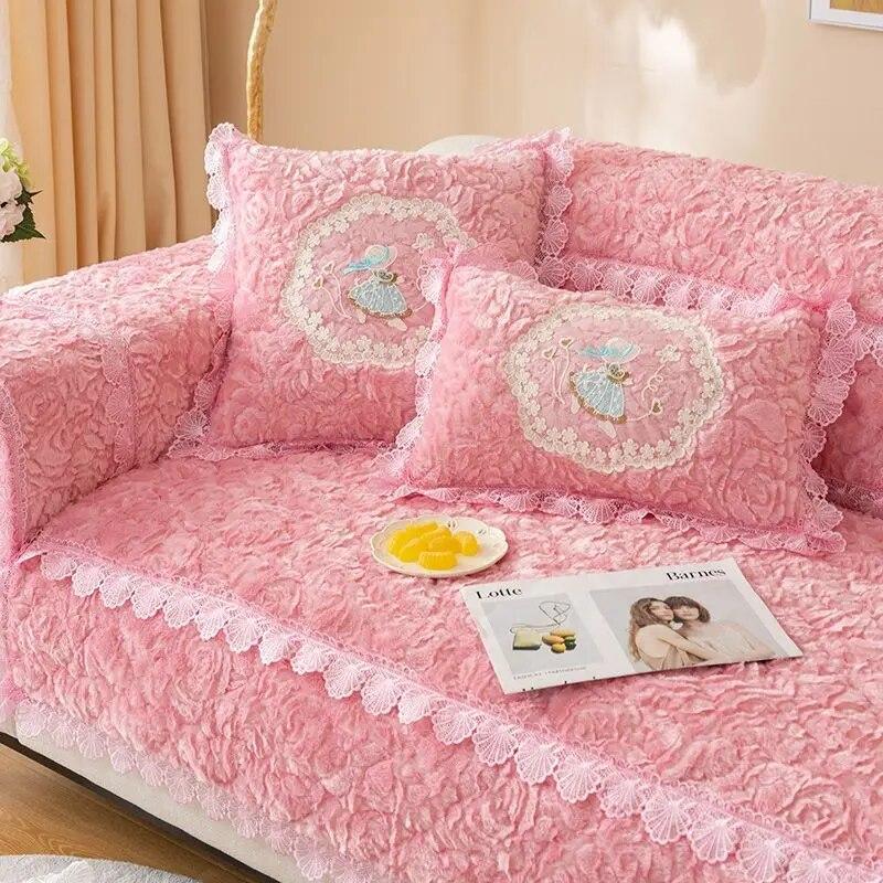 Rose Plush Sofa Cover Autumn Winter Velvet Living Room Sofa Cushion Thickened Warm Soft Sofa Backrest Towel Washable Colourfast