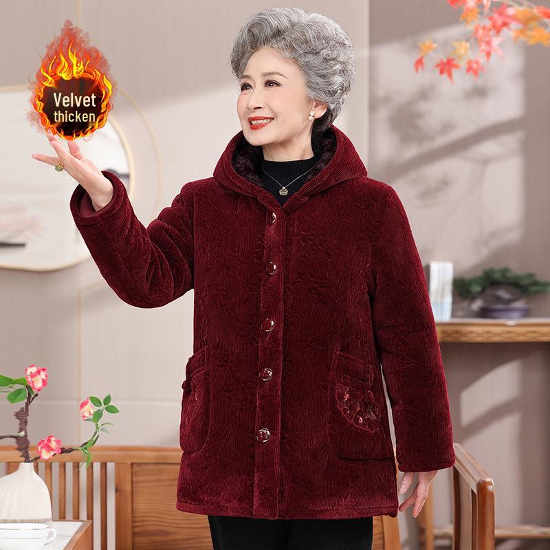 

Grandma Winter Cotton Jacket: Warm Padded Outerwear for Middle-Aged & Elderly Women 4XL вина червоного кольору