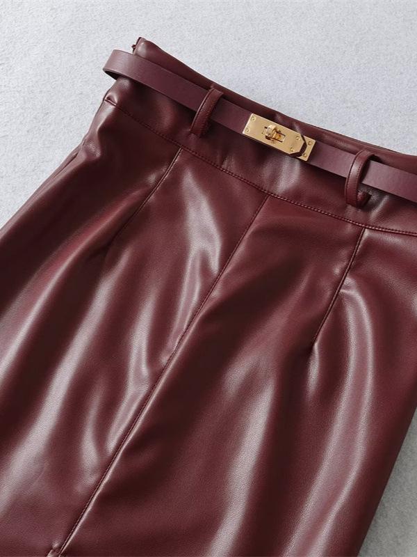 Elegante Damen Midi-Lederrock aus schwarzem PU-Leder mit Gürtel - Hoher Bund, Schlankmachender Schnitt, Schlitz vorne, Hüftbetontes Design, Perfekt für Herbst/Winter
