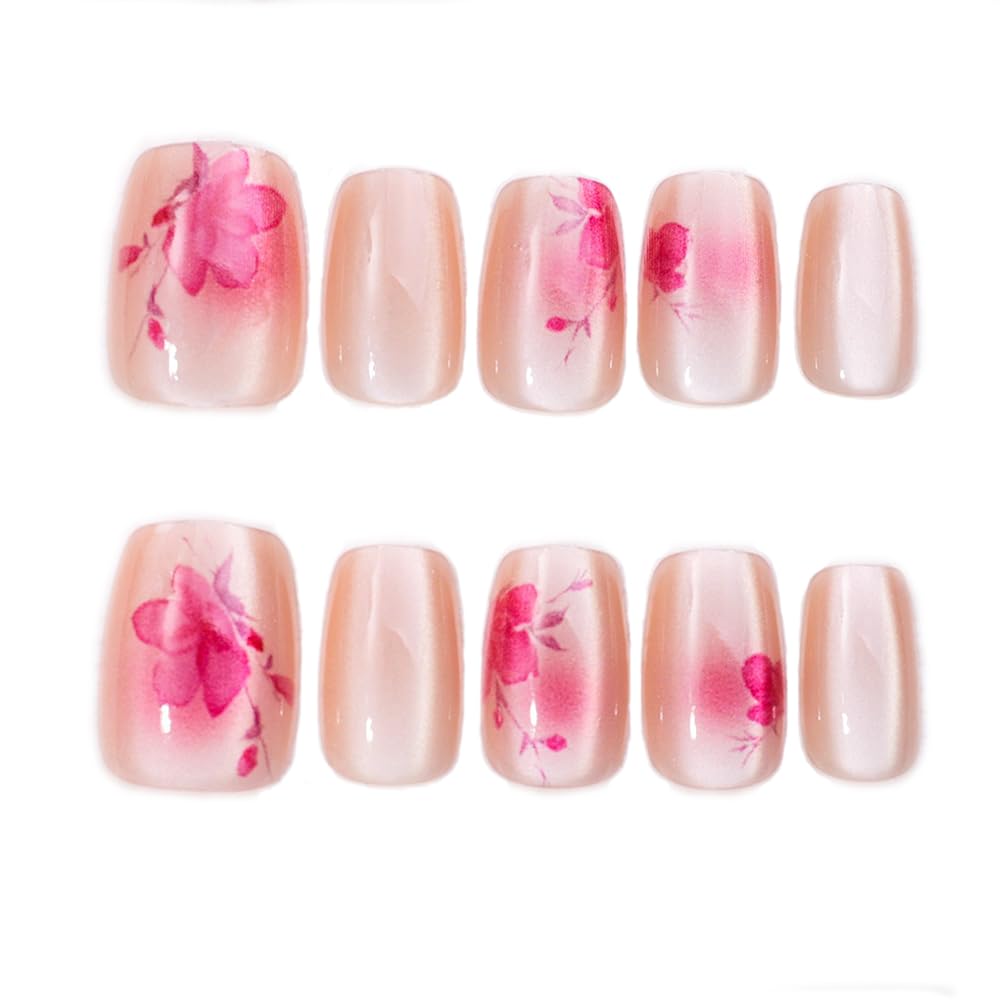 S.A.V.I 10 PCs Medium Length Natural Shape Nude Cat’s Eye Pink Floral Designer Press-On Nails | Handmade Elegant False Nails | Perfect Fit for Medi