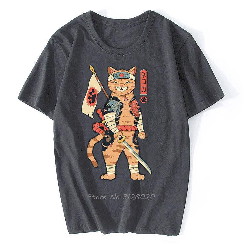 Anime Samurai Cat T Shirt Men Japanese Ukiyo-E Ninja Cat Print T-Shirt Men Cotton Tshirt Fashion Streetwear Harajuku Tees