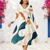 Women S Plus Size Furry Trim V Neck Long Sleeve Abstract Print A Line Midi Dress