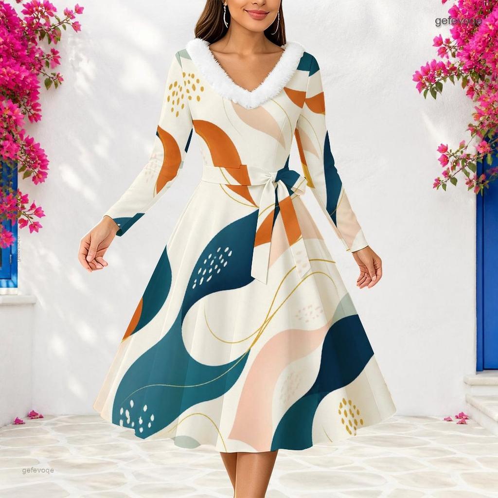Women S Plus Size Furry Trim V Neck Long Sleeve Abstract Print A Line Midi Dress