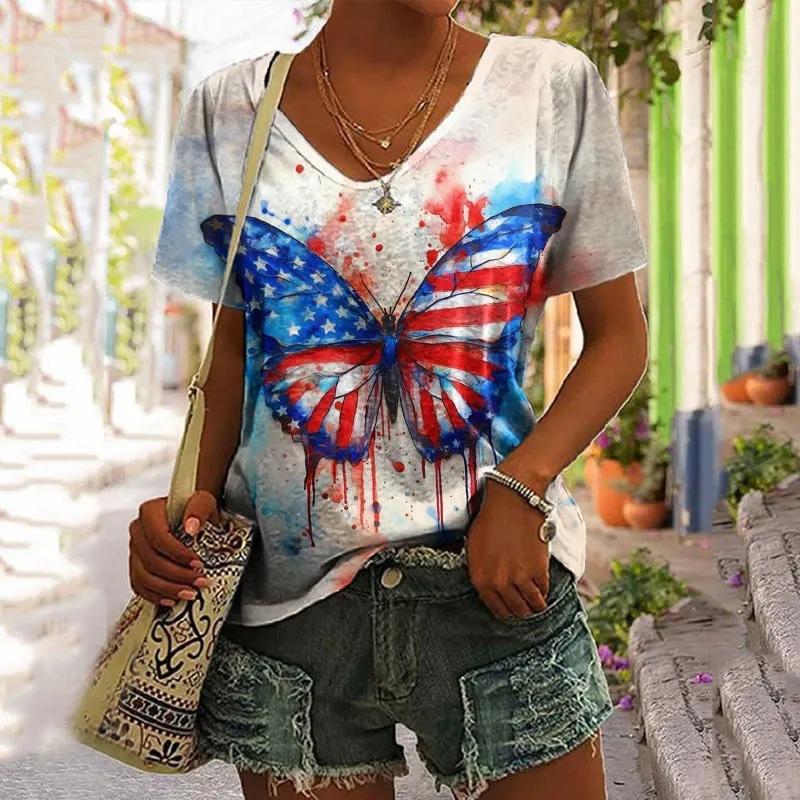 Summer V-neck 3D Flower Butterfly Printed Top Fashionable Casual Short Sleeved Women's T-shirts