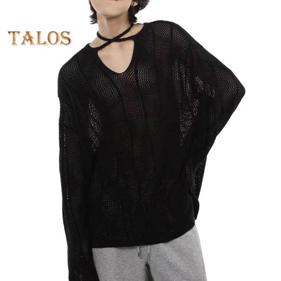 Pánský svetr podzim zima dutý elastická stahovací šňůrka dlouhý rukáv jednobarevný pletený pulovr top výstřih do V střední délka teplé pletené zboží