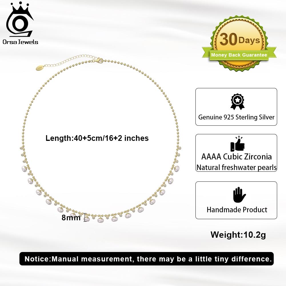 ORSA JEWELS 14K Gold 925 Sterling Silver Natural Pearl Necklace for Women Elegant Pearl Bead Ball Chain Necklace Jewelry GPN37