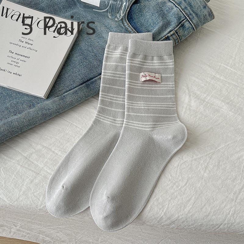 5 Pairs of Women's Casual Versatile Fabric Pinstripe Preppy Sports Tube Stack Socks