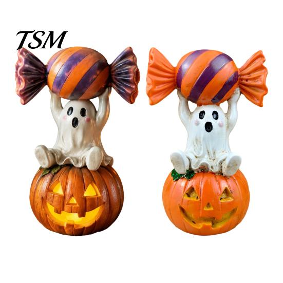 Halloween Party Supplies Ghost Figurine, Cute Sitting on Pumpkin Holding Candy Non Scary Holiday Decor Statue, Spooky Resin Table Ornament for Indoor