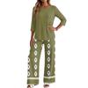 Women's Casual Fashion Round Neck Loose Fit Printed Three Quarter Sleeve Top with Wide Leg Pants Set Comfortable Two Piece Outfit