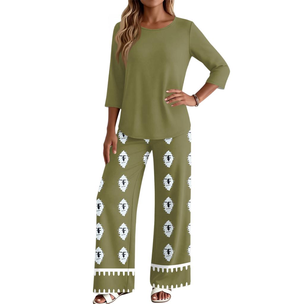 Women's Casual Fashion Round Neck Loose Fit Printed Three Quarter Sleeve Top with Wide Leg Pants Set Comfortable Two Piece Outfit
