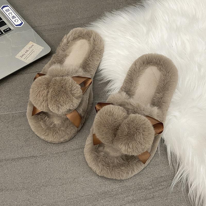 

Hairball thick-soled cotton slippers for women s wear new autumn and winter 2025 warm home solid color one-word fluffy slippers 40 хаки